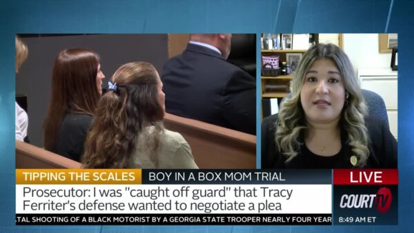 split screen shows Tracy Ferriter in court and prosecutor Karen Black
