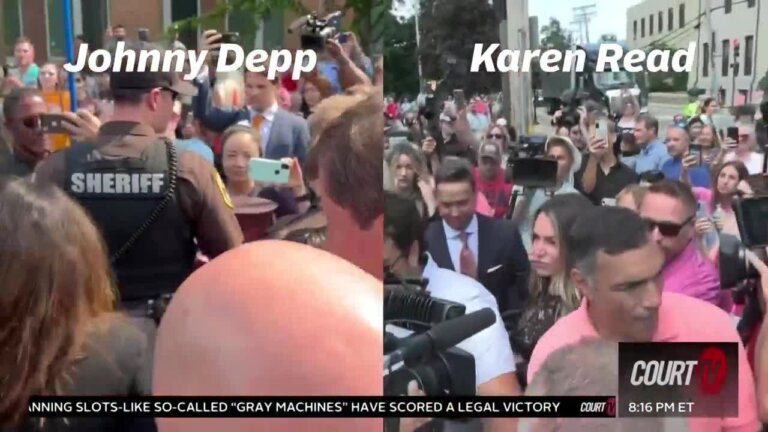 split screen shows protesters at Johnny Depp's trial and Karen Read's trial.