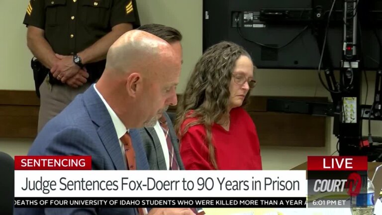 Elizabeth Fox-Doerr was sentenced to 90 years in prison on charges of murder and conspiracy for the death of her husband, Robert Doerr, who prosecutors say was gunned down in his driveway by Fox-Doerr's lover, Larry Richmond Sr.