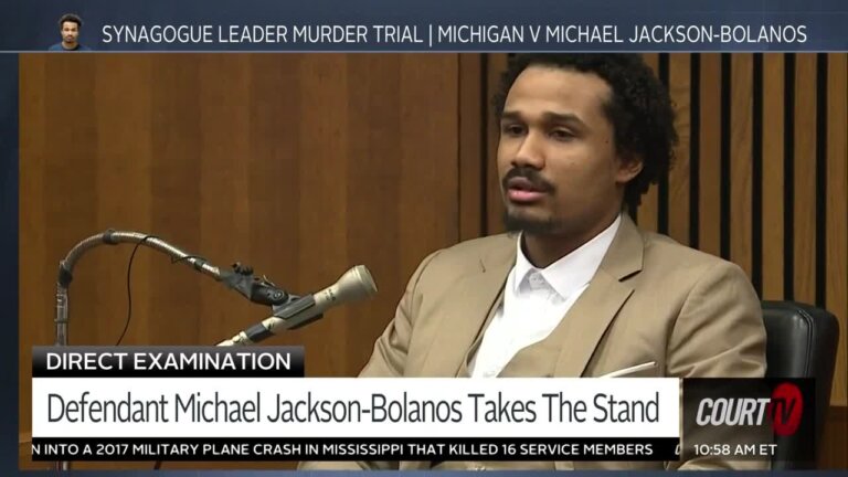 Defendant Michael Jackson-Bolanos takes the stand. Jackson-Bolanos is charged with murdering Samantha Woll, a synagogue leader who was found dead outside of her Detroit home.