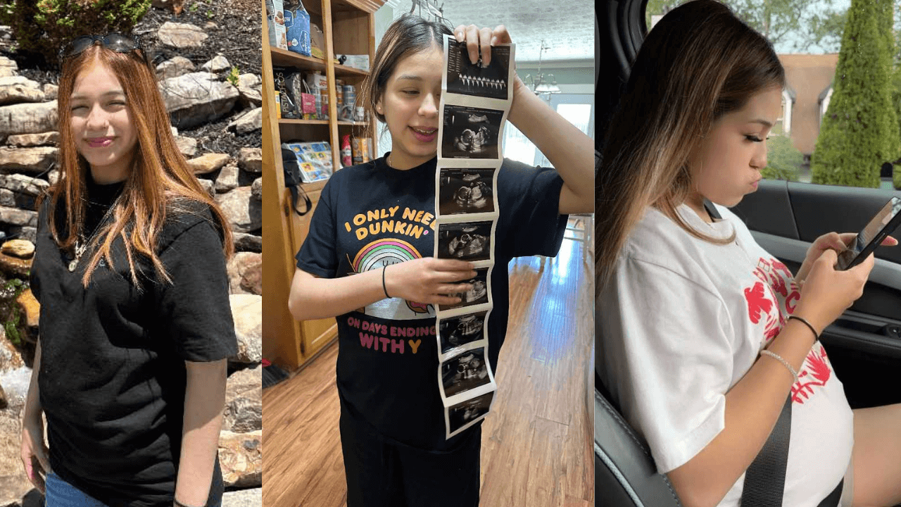 Three photos, one smiling, one with sonogram and one of teen looking at her phone.