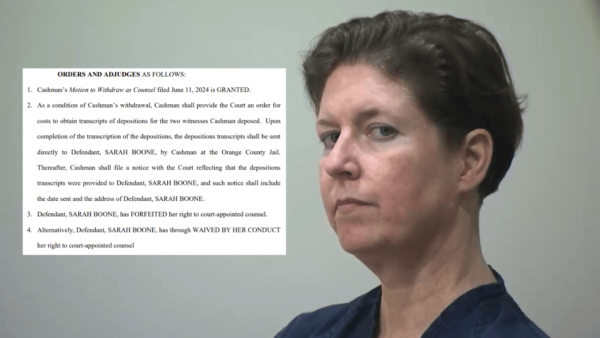 Photo of Sarah Boone with text of judicial order overlaid