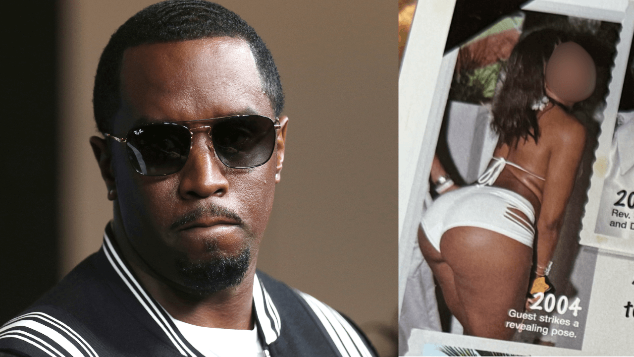 split screen showing Sean Combs and a magazine photo of a woman