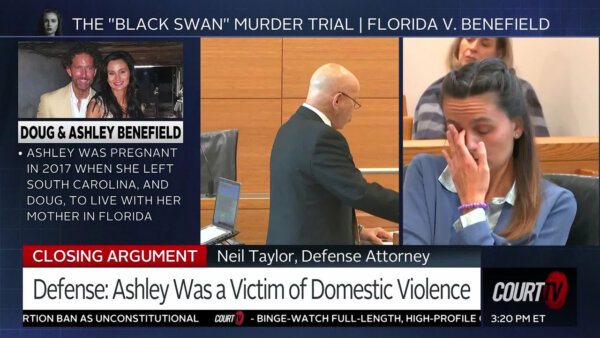 Splitscreen featuring a picture of a couple, a bald lawyer at a podium, and a young woman crying at the defendant's table.