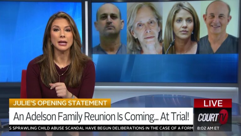 Court TV anchor Julie Grant at the anchor desk with a splitscreen on the monitor behind her of members of the Adelson family.