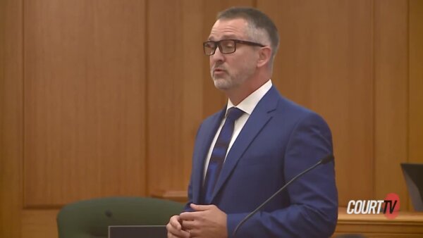 Attorney in blue suit in court