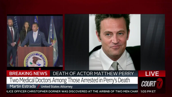 Split screen of a man at a podium delivering a press conference and a picture of actor Matthewe Perry.