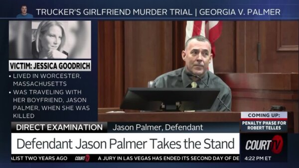 Middle aged male witness on the stand. with gfx of picture of female victim.