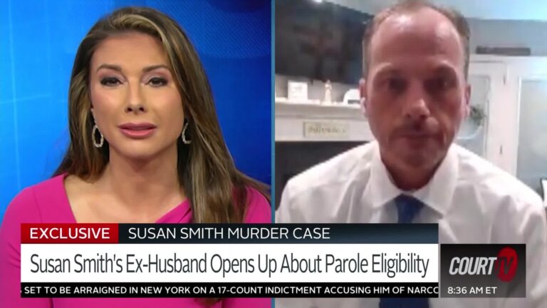 Splitscreen of a female news anchor on-set and the man she's interviewing.