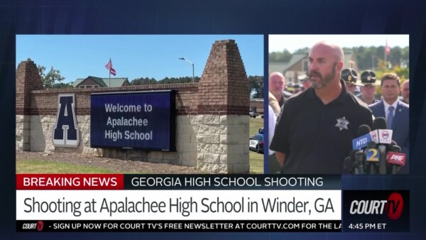 splitscreen of the outside of a high school and a police officer delivering a press conference