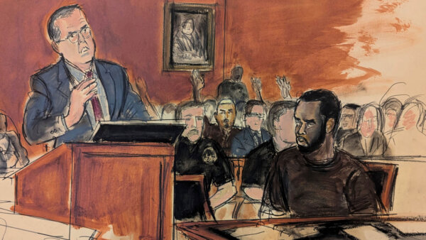 sketch shows man at podium with Sean Combs in court