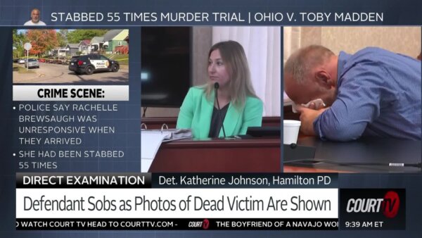 Splitscreen of a female witness testifying and the male defendant hunched over sobbing