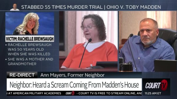 splitscreen of an elderly female witness on the stand wearing a prison uniform and the male defendant sitting at the defendant's table wearing a collared shirt