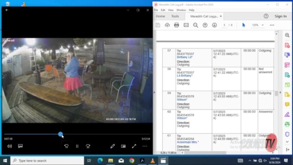 split screen shows surveillance video and call logs