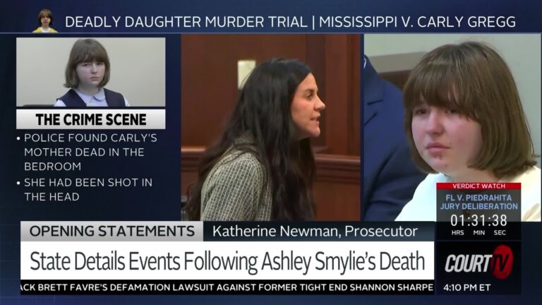 split screen shows prosecutor talking and girl crying