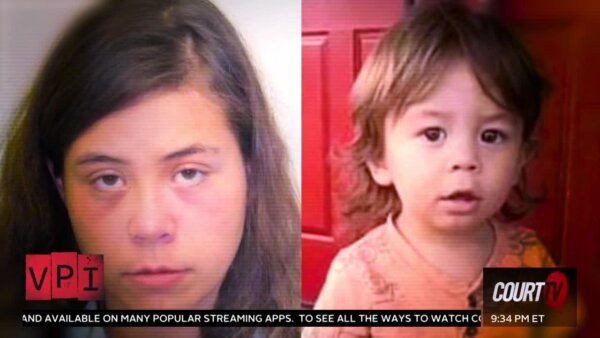 side by side of female booking photo and toddler boy