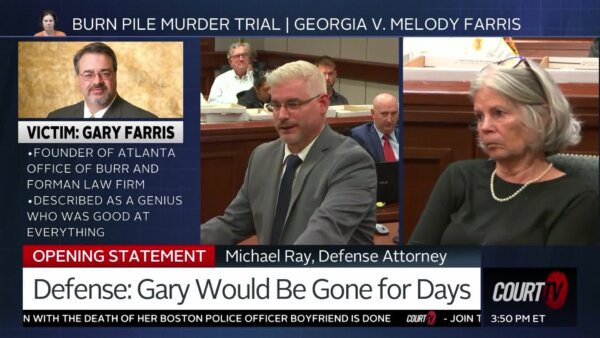 headshot of victim, lawyer arguing, and defendant listening