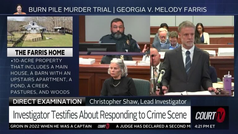 Splitscreen: photo of a house, an older female defendant, and a male witness in a police uniform.