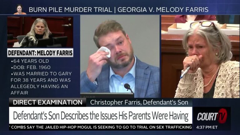 Splitscreen: young male witness sobs, older female defendant cries too