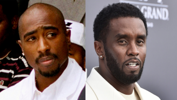 split screen photos of Tupac Shakur and Sean 'Diddy' Combs