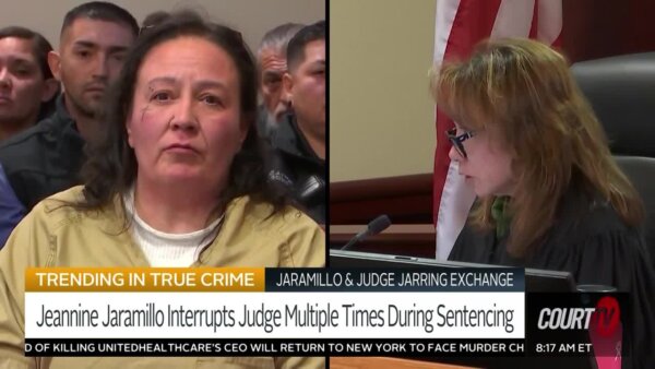 Splitscreen of a convicted female killer and a female judge. Both are speaking.