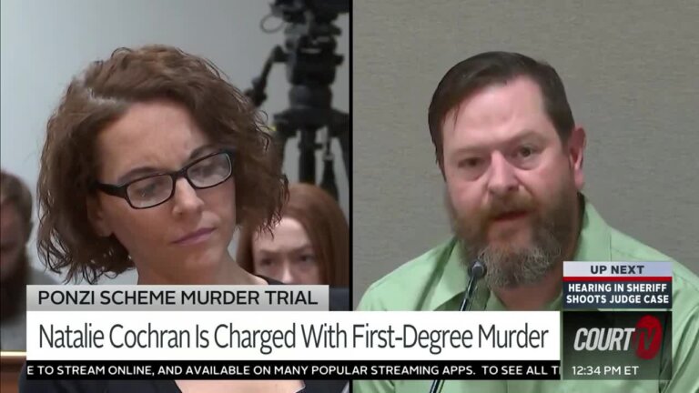 side by side of female defendant and male witness testifying in court