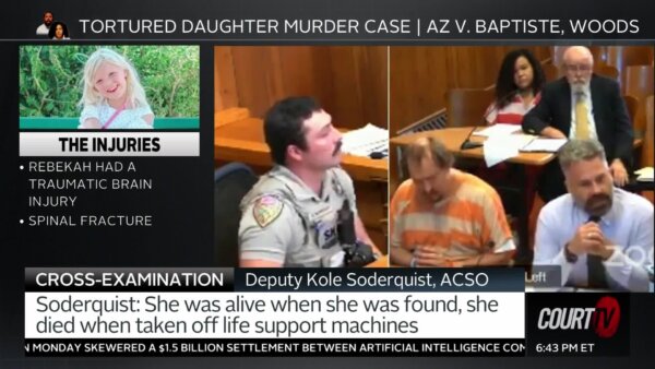 Rebecca Baptiste's father in jail stripes attends a preliminary hearing as a member of law enforcement testifies.