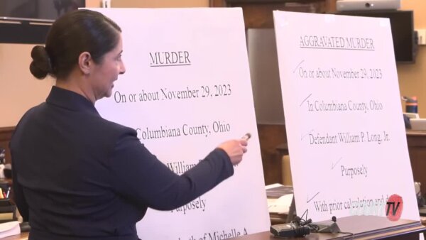 Attorney delivers closing arguments and points at a poster