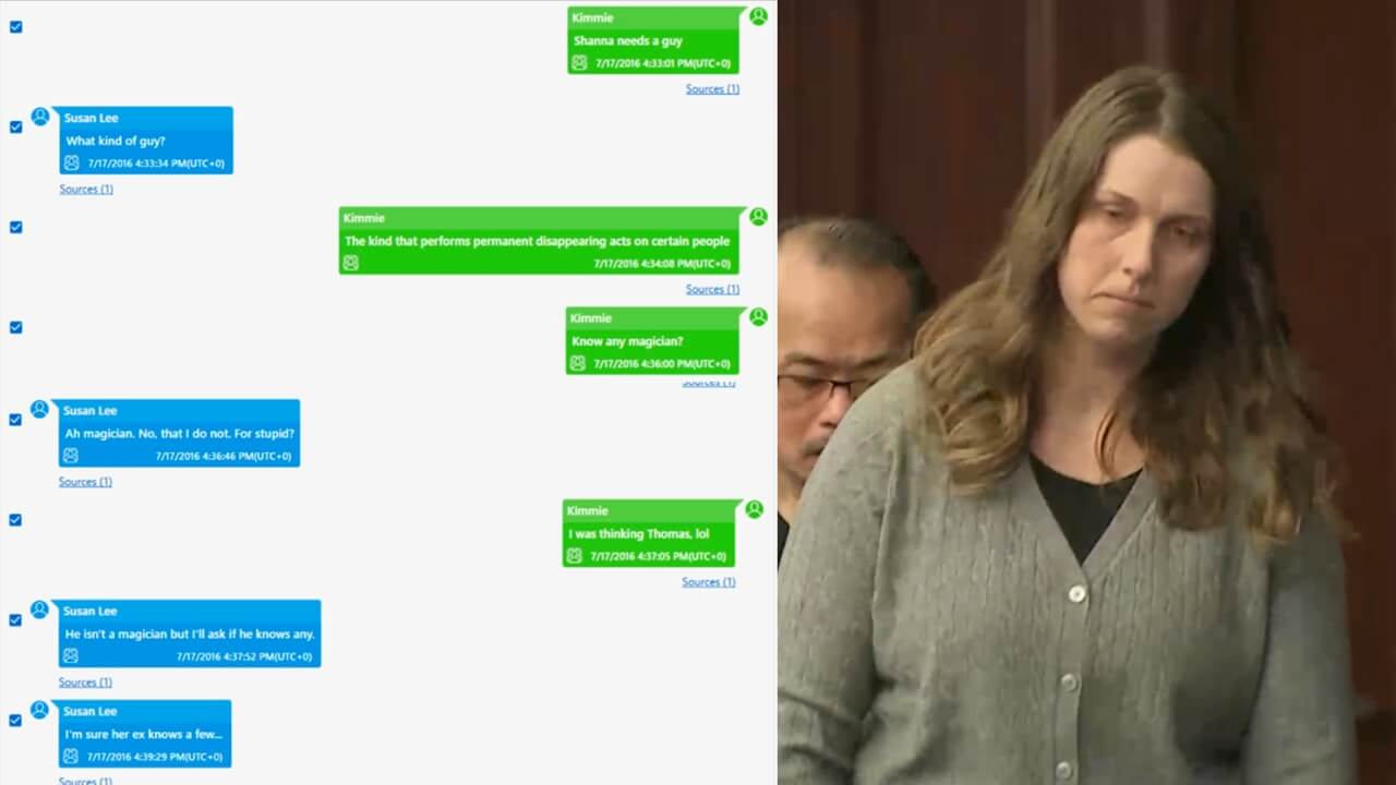 left side of screen shows text messages, right side is Shanna Gardner in court