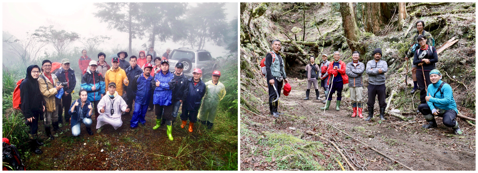 研究調查團隊深入山林，透過實地探勘了解當年的林木生產作業與生活。（道綺拍攝）。