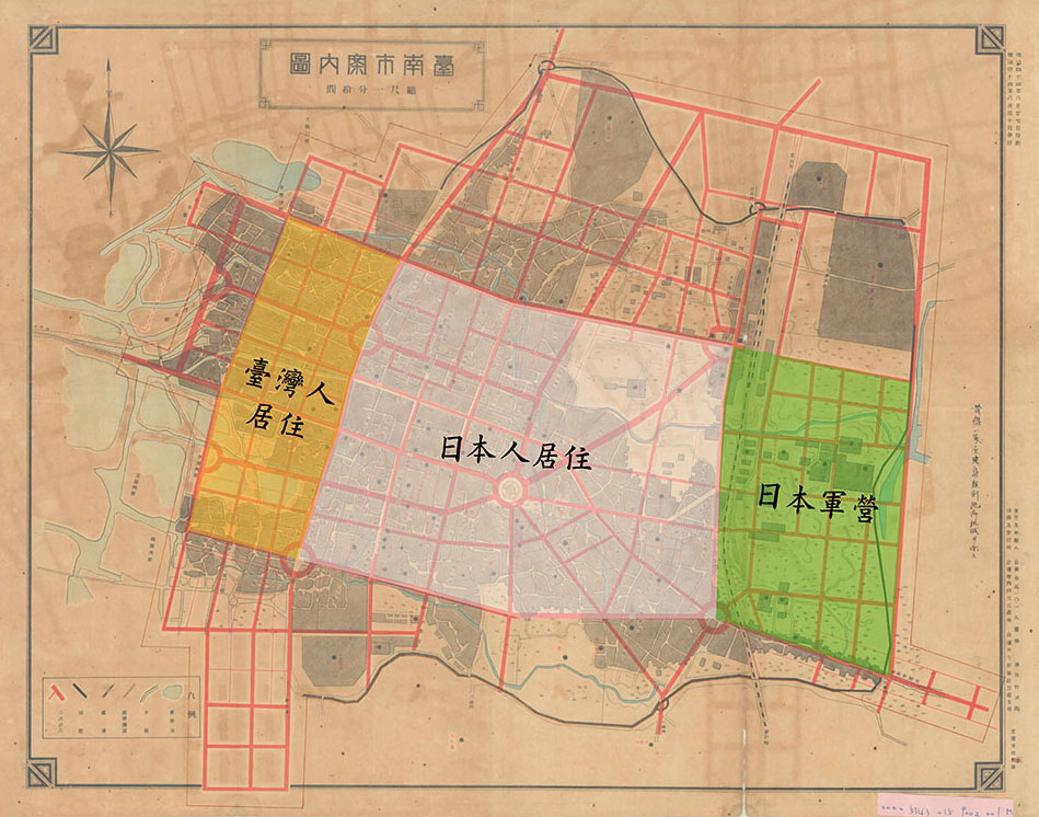 透過圓環和棋盤式道路，區隔日本人、臺灣人的生活場域。（編註：色塊標示為約略範圍）圖片來源│「台南市街ニ家屋建築規則施行認可」（1911年11月01日），〈明治四十四年十五年保存第四卷〉，《臺灣總督府檔案》，國史館臺灣文獻館，典藏號：00005343015。圖說重製│林婷嫻、林洵安
