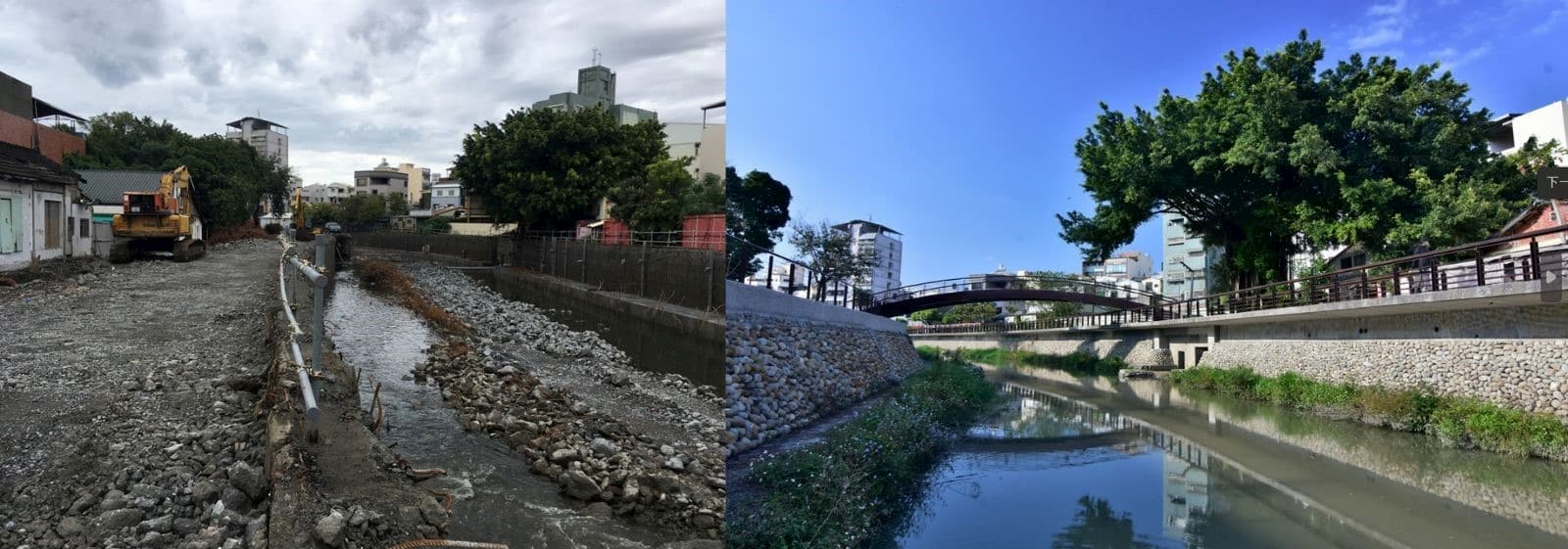 雲林溪整治工程前後對照,藉由掀蓋還地於河,營造生態、親水空間等,改造市容。