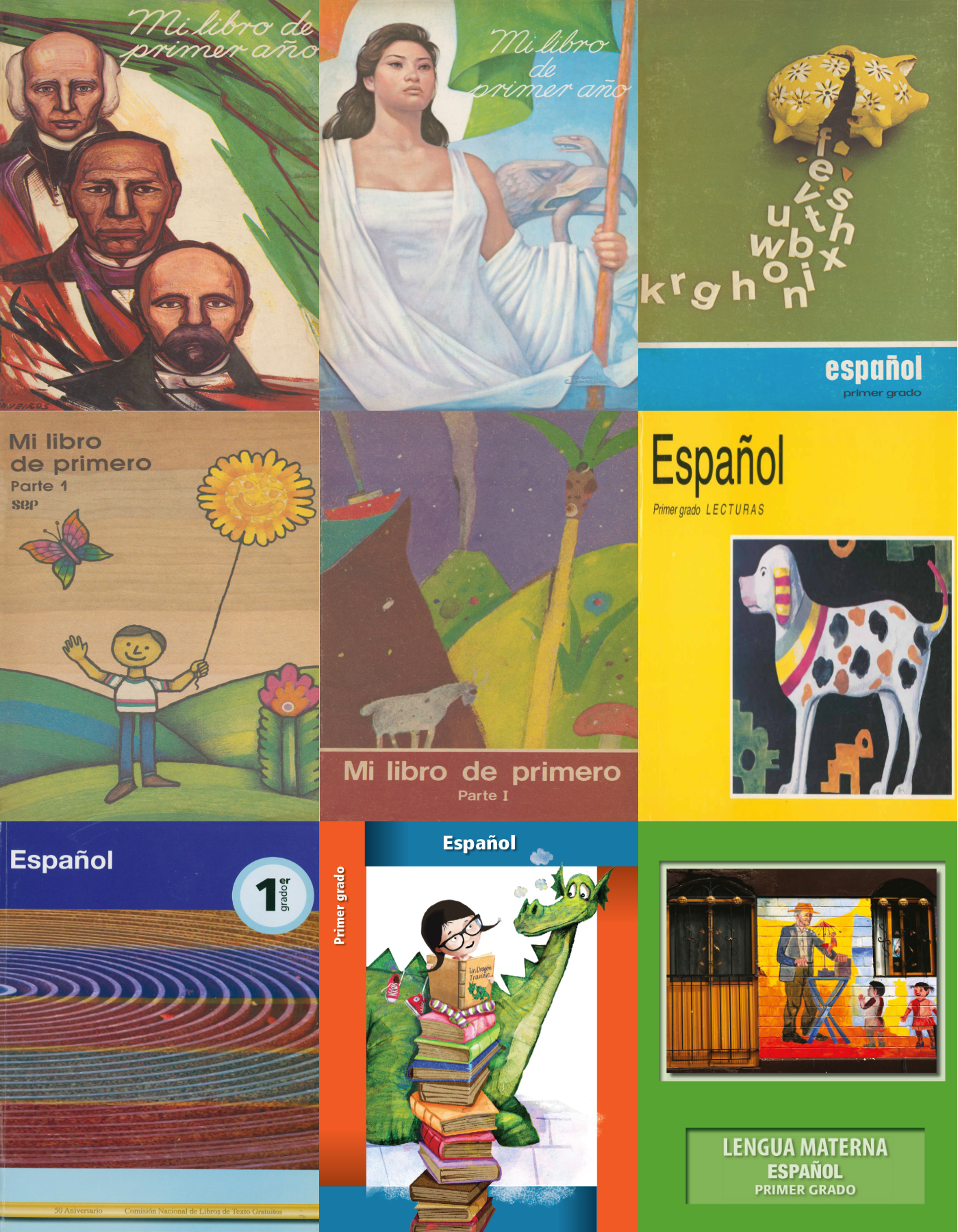 Estas son todas las portadas de los libros de texto, desde su primera emisión en 1960 hasta los que se utilizaran este año; en total son 10 ediciones.