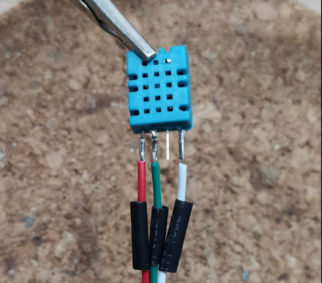 The DHT-11 with soldered wires