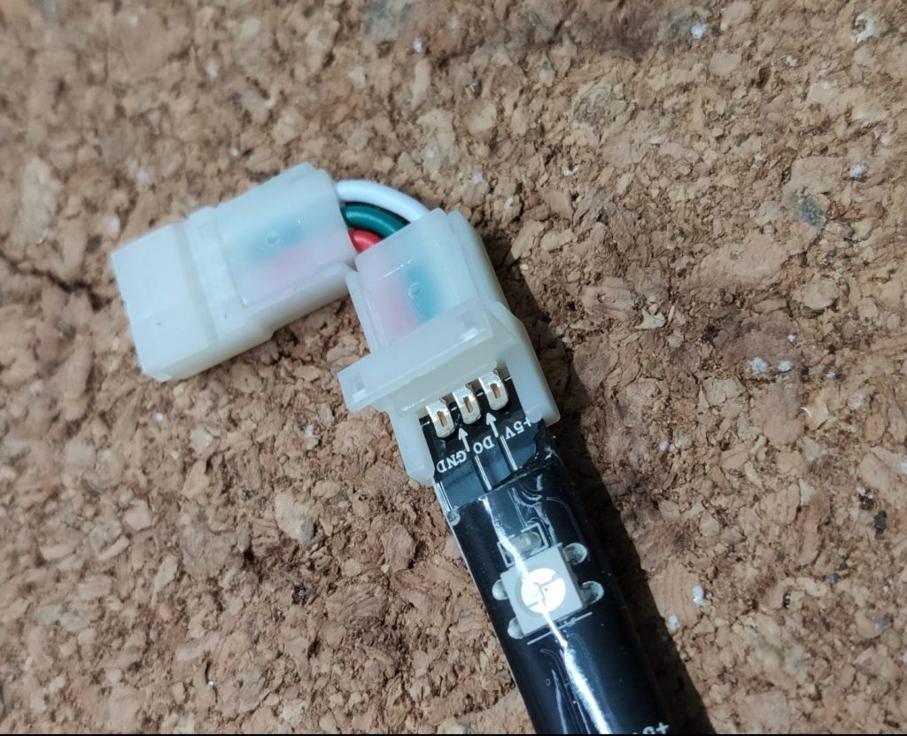 View of the connection with corner connector and LED strip