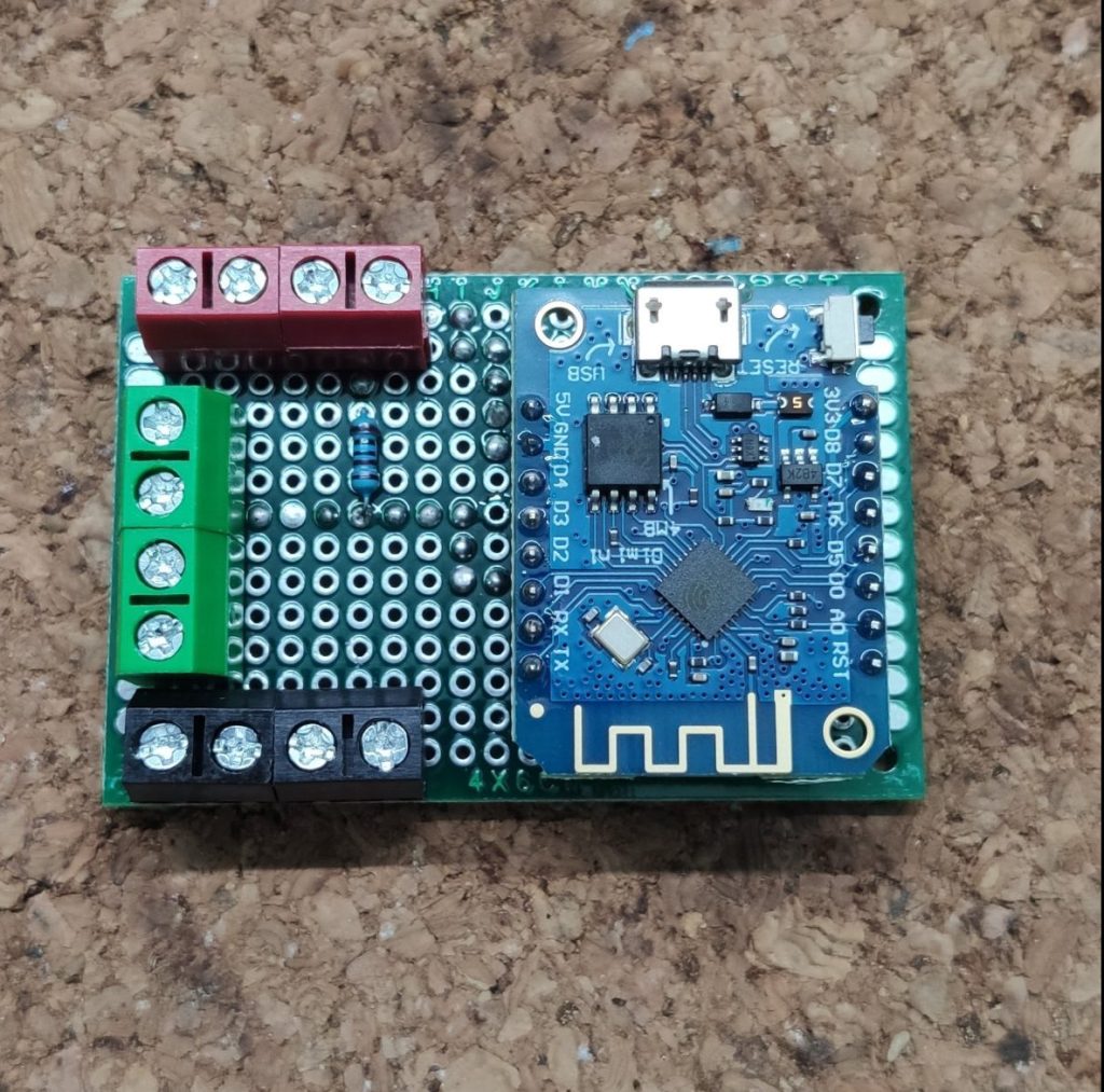 Top view of the board with the soldered data pin connected and the pull up resistor in place