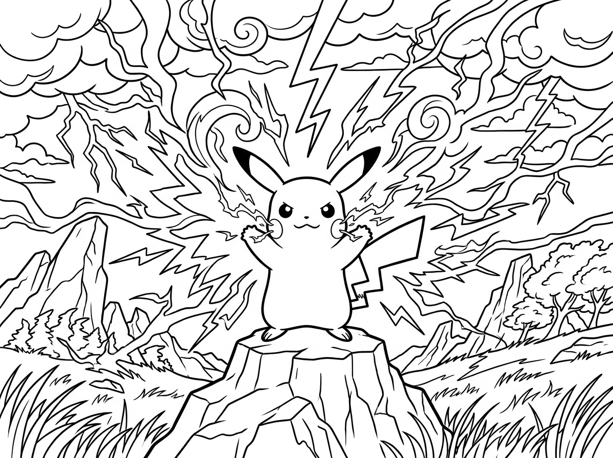 Pikachu Lightning Storm — Pokémon Style fan art colouring page for kids