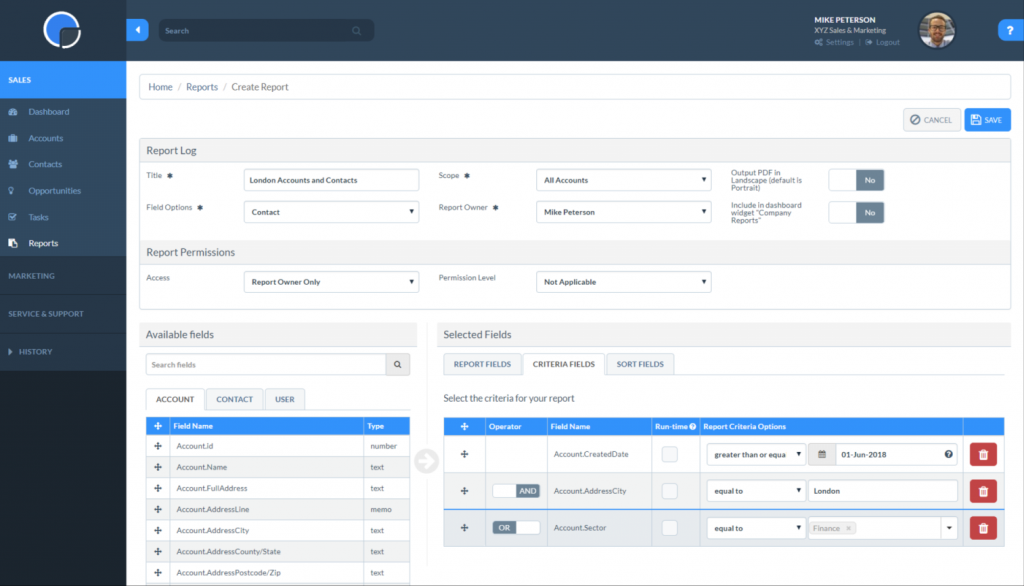 Really Simple Systems Reporting Feature