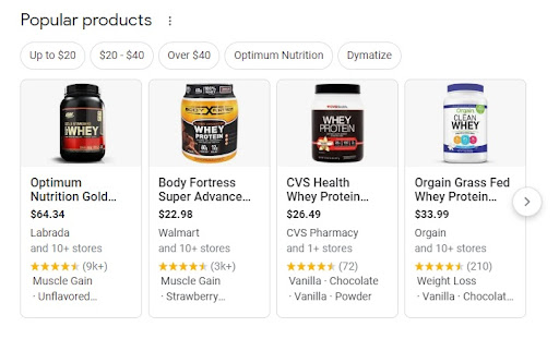 screenshot of popular whey proteins in a google search