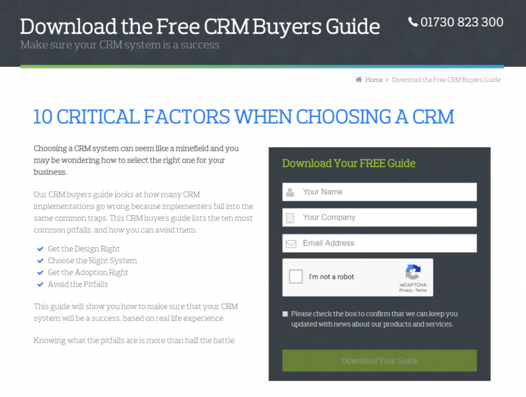 example landing page for creating a contact