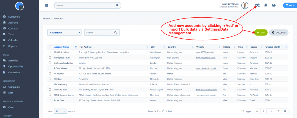 Add new accounts to the CRM