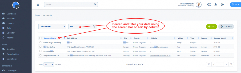 search and sort accounts in your CRM