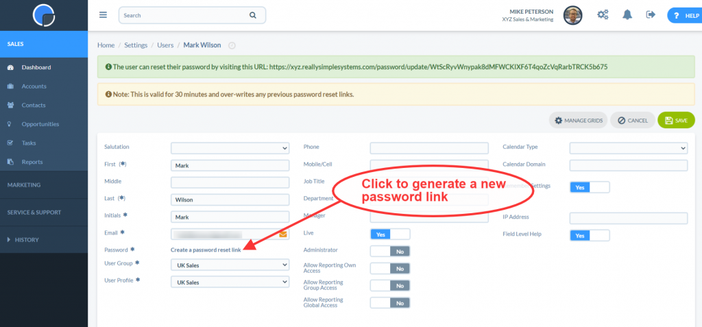 Create new password link