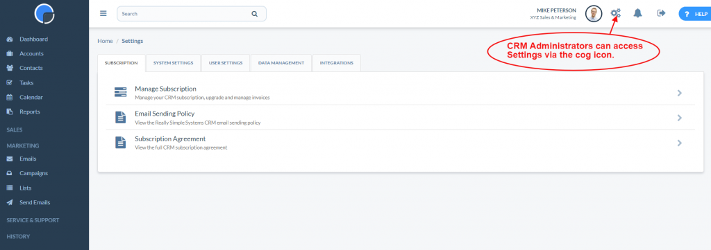 CRM Subscription settings