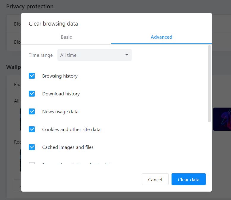 Clear browsing data in Opera