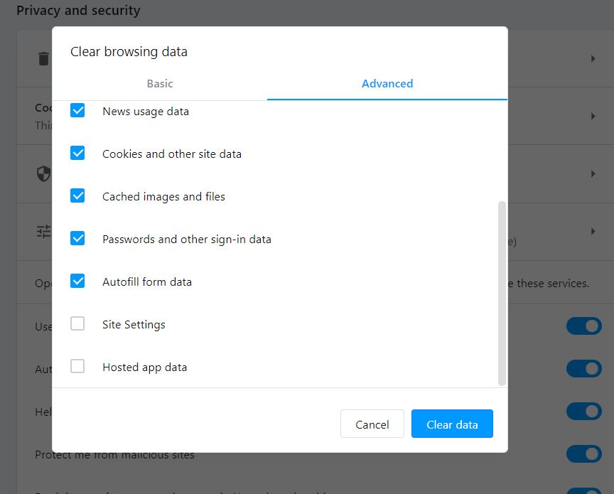 Clear browsing data in Opera