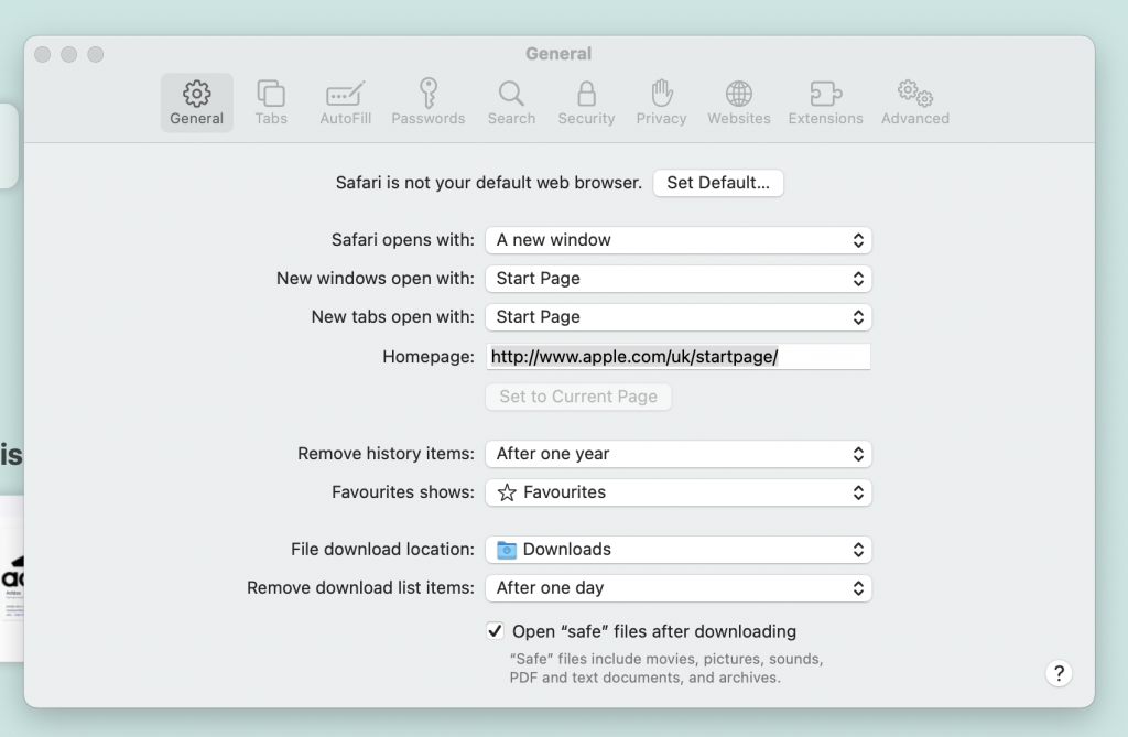 General settings in Safari