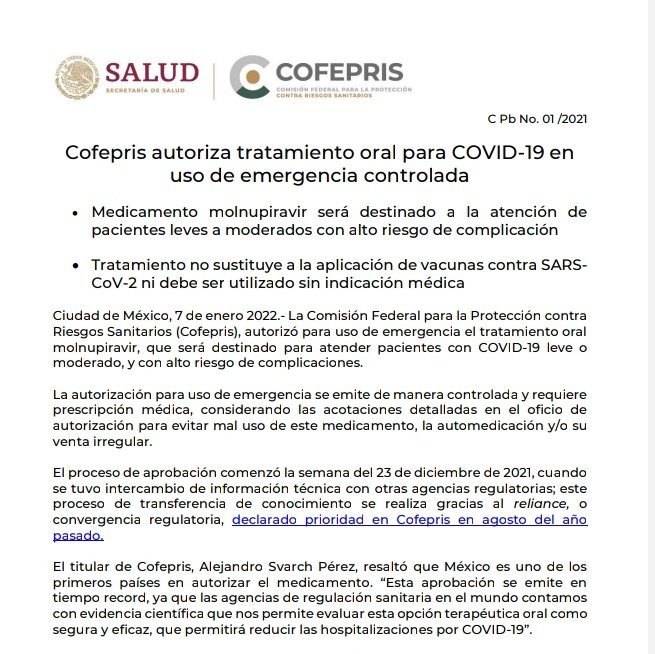 ¡Oficial! Cofepris autoriza la píldora Molnupiravir contra la Covid-19