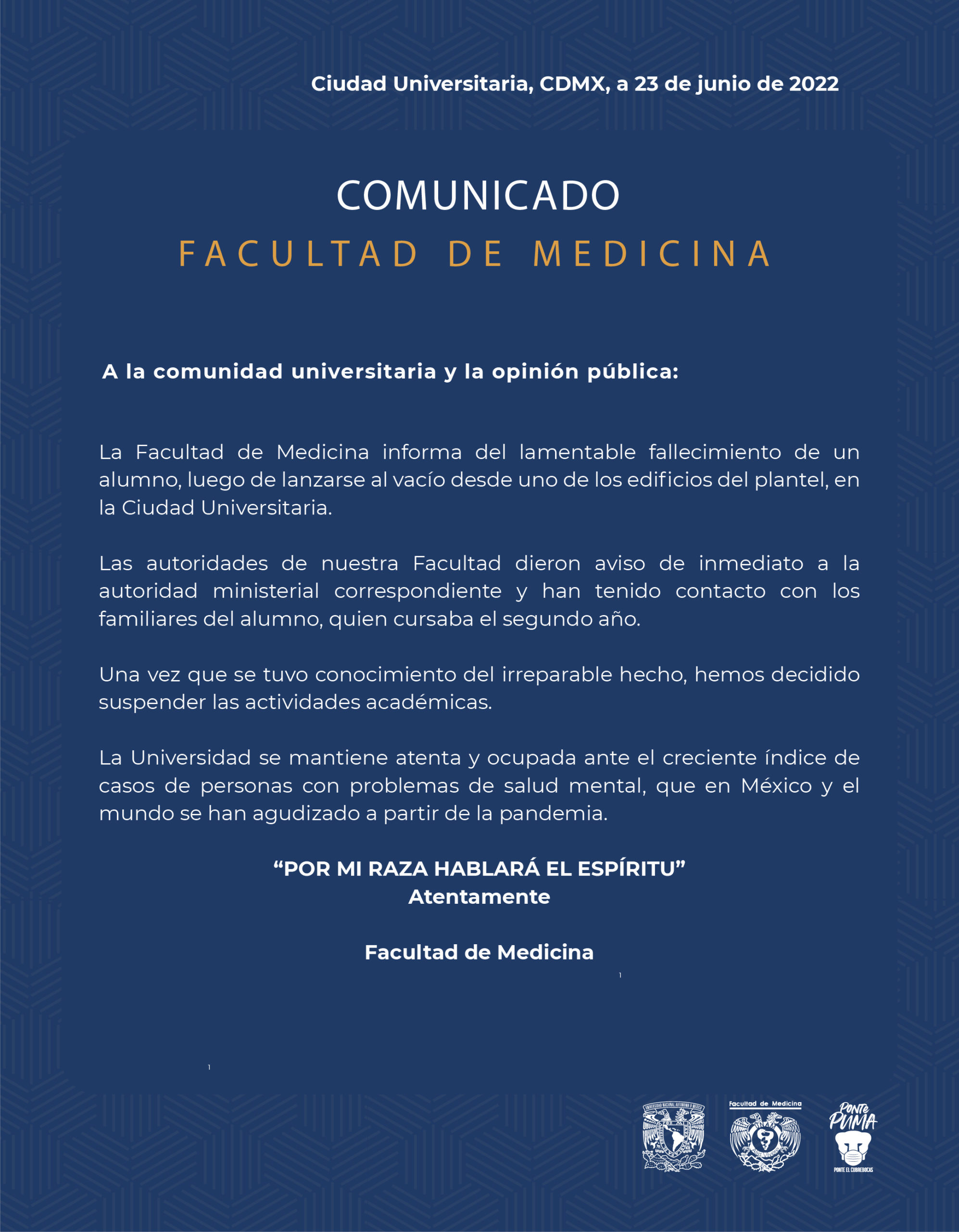 Student commits suicide within the Faculty of Medicine of the UNAM Student commits suicide within the Faculty of Medicine of the UNAM