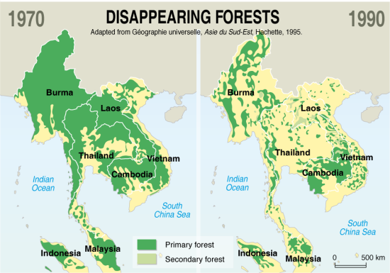 Le territoire thaïlandais connait une massive déforestation depuis les années70_ IIllustration: Philippe Rekacewicz, UNEP/GRID-Arendal